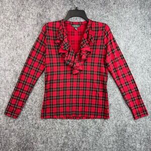 LRL Ralph Lauren Size Small Ruffled Collar Long Sleeves Red Plaid